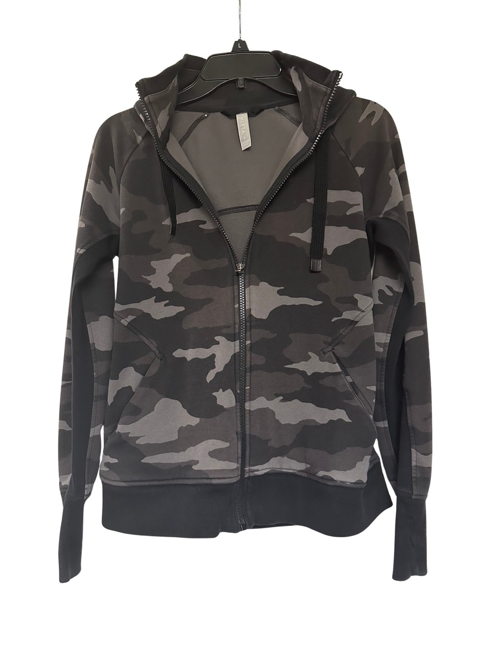 Athleta Fleece Lined Hoodie Small Camo Zip Up Jacket Thumbholes Black Grey
